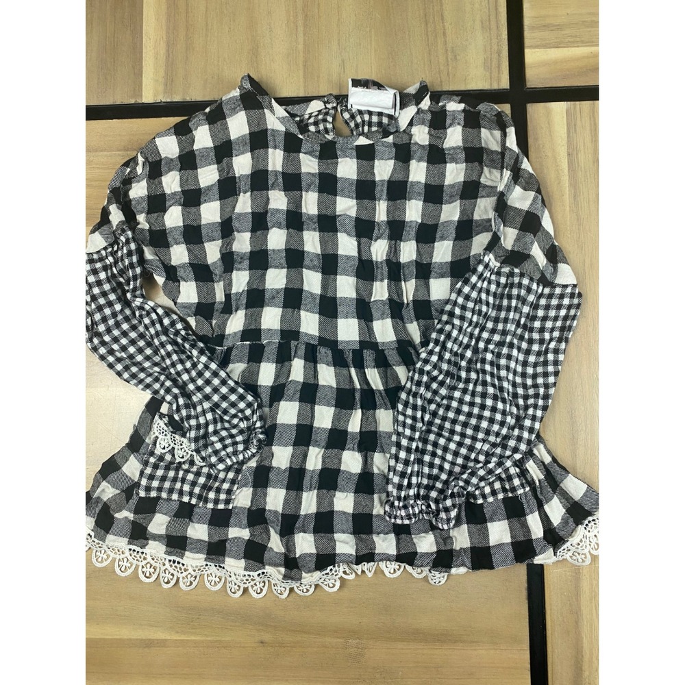 Rare Editions Girls Black White Gingham Plaid Lace Trim Long Sleeve Top